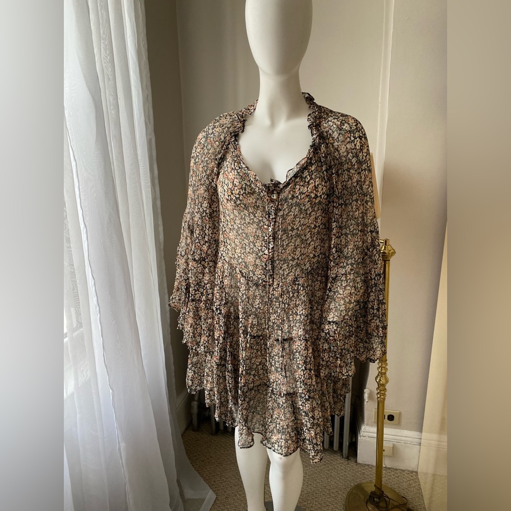 FREE PEOPLE SHEER BOHEMIAN FLARE LONG SLEEVES RUFFLE LOVE YA MINI DRESS FLORAL
